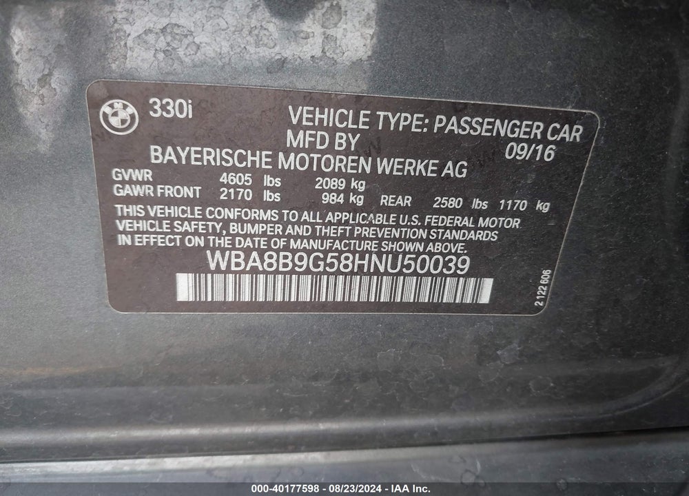 2017 BMW 330I VIN: WBA8B9G58HNU50039