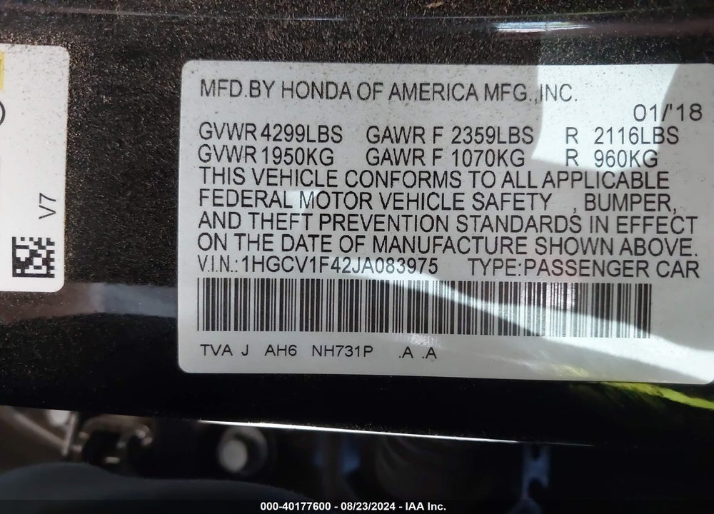 2018 HONDA ACCORD EX VIN: 1HGCV1F42JA083975