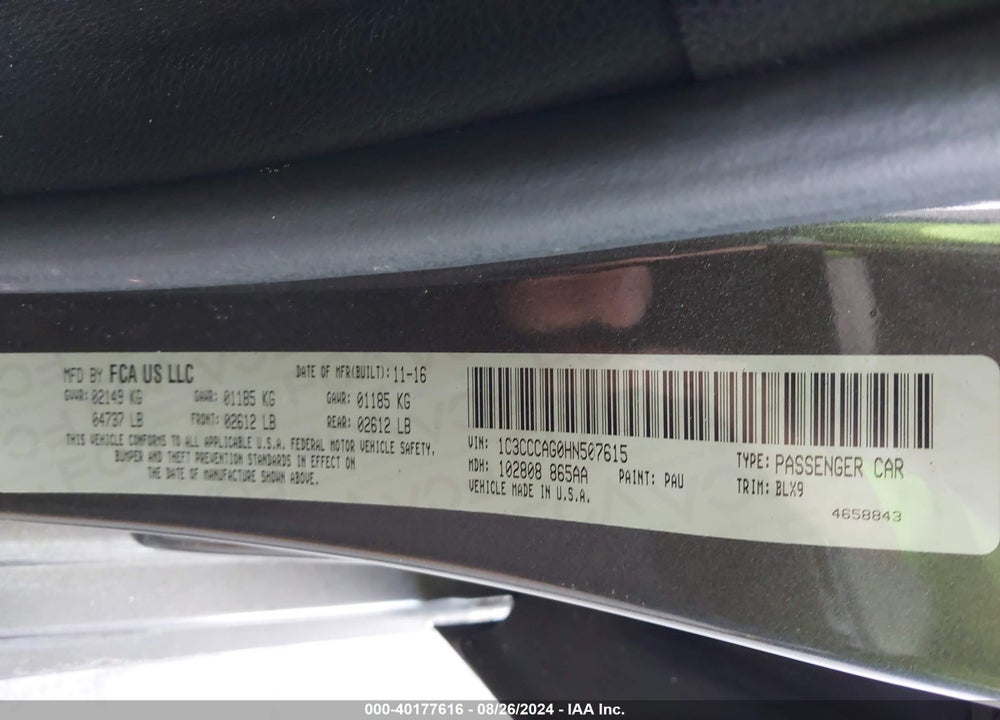 2017 CHRYSLER 200 VIN: 1C3CCCAG0HN507615
