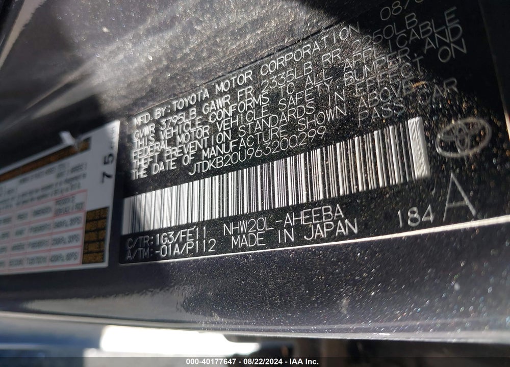 2006 TOYOTA PRIUS VIN: JTDKB20U963200299