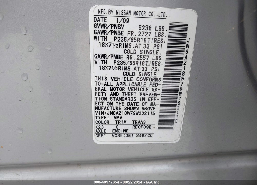 2009 NISSAN MURANO S VIN: JN8AZ18W79W202115