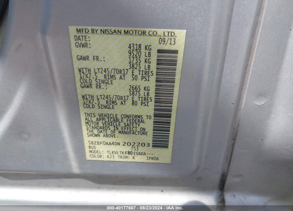 2013 NISSAN NV PASSENGER NV3500 HD SV V6 VIN: 5BZBF0AA4DN202203