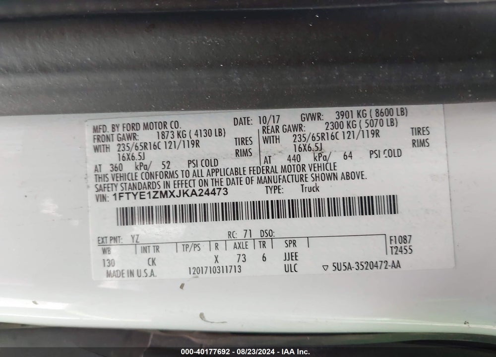 2018 FORD TRANSIT-150 VIN: 1FTYE1ZMXJKA24473