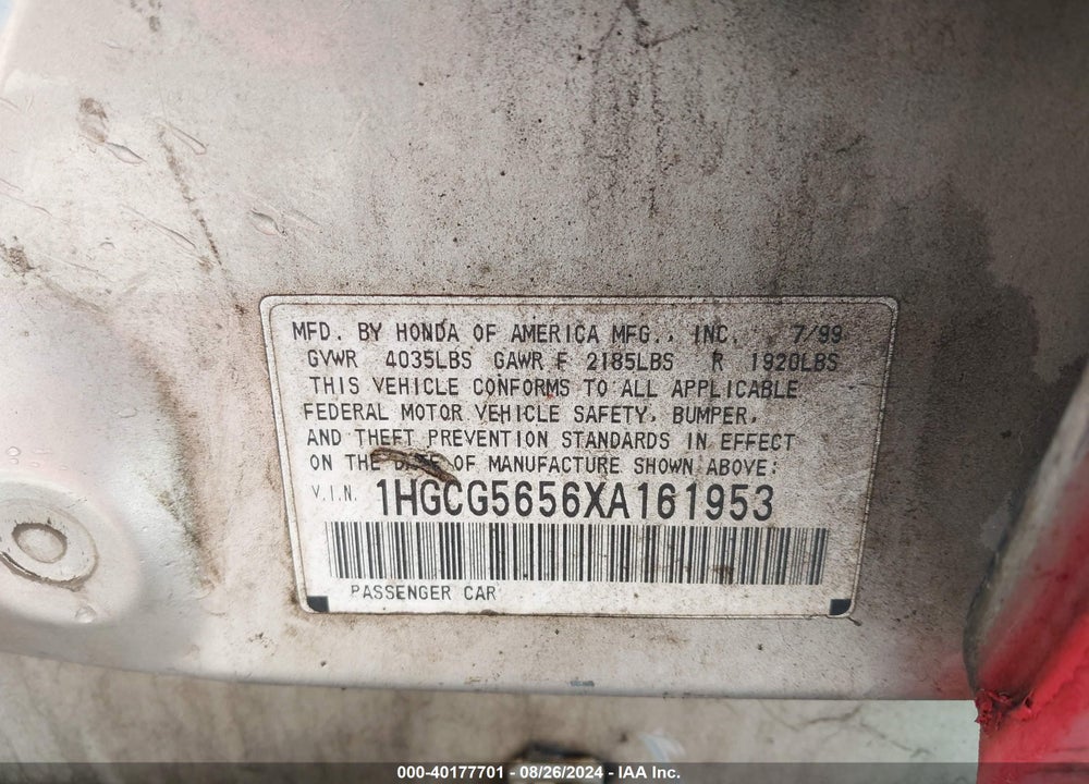 1999 HONDA ACCORD VIN: 1HGCG5656XA161953