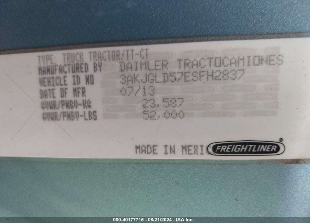 2014 FREIGHTLINER CASCADIA 125 VIN: 3AKJGLD57ESFH2837