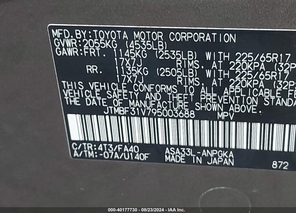 2009 TOYOTA RAV4 VIN: JTMBF31V795003688