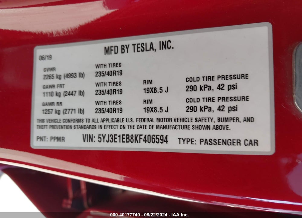 2019 TESLA MODEL 3 VIN: 5YJ3E1EB8KF406594
