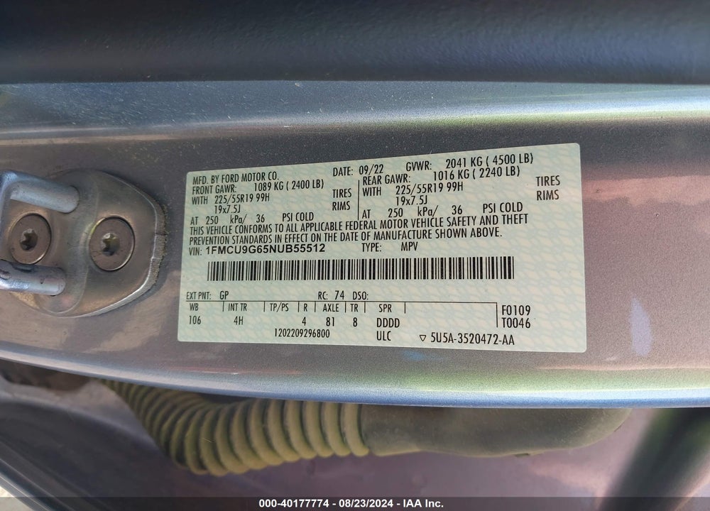 2022 FORD ESCAPE SE VIN: 1FMCU9G65NUB55512