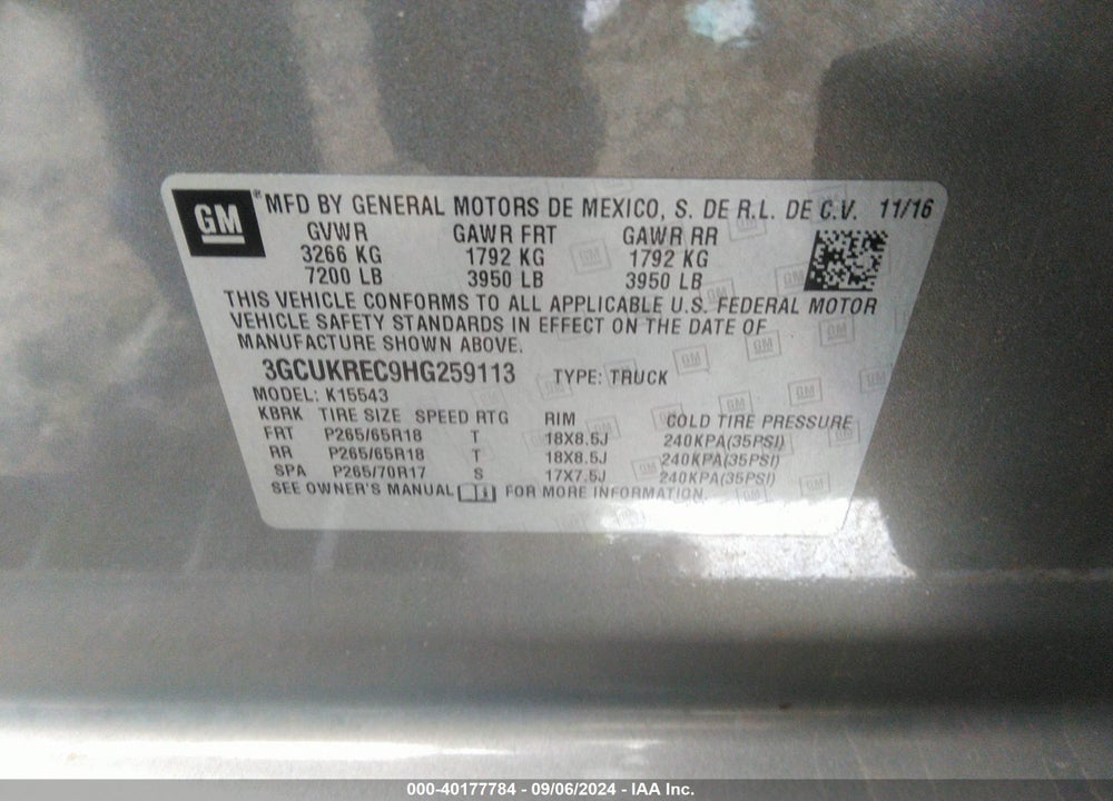 2017 CHEVROLET SILVERADO 1500 1LT VIN: 3GCUKREC9HG259113