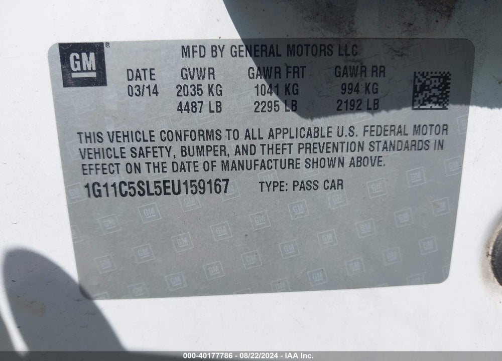 2014 CHEVROLET MALIBU 1LT VIN: 1G11C5SL5EU159167