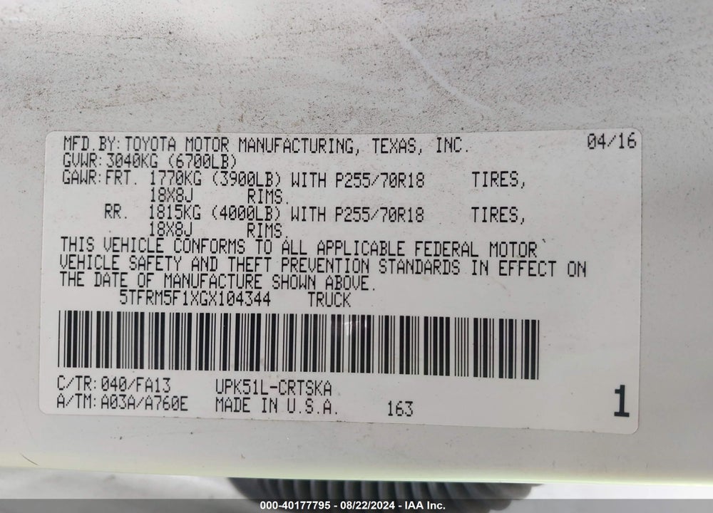 2016 TOYOTA TUNDRA SR 4.6L V8 VIN: 5TFRM5F1XGX104344