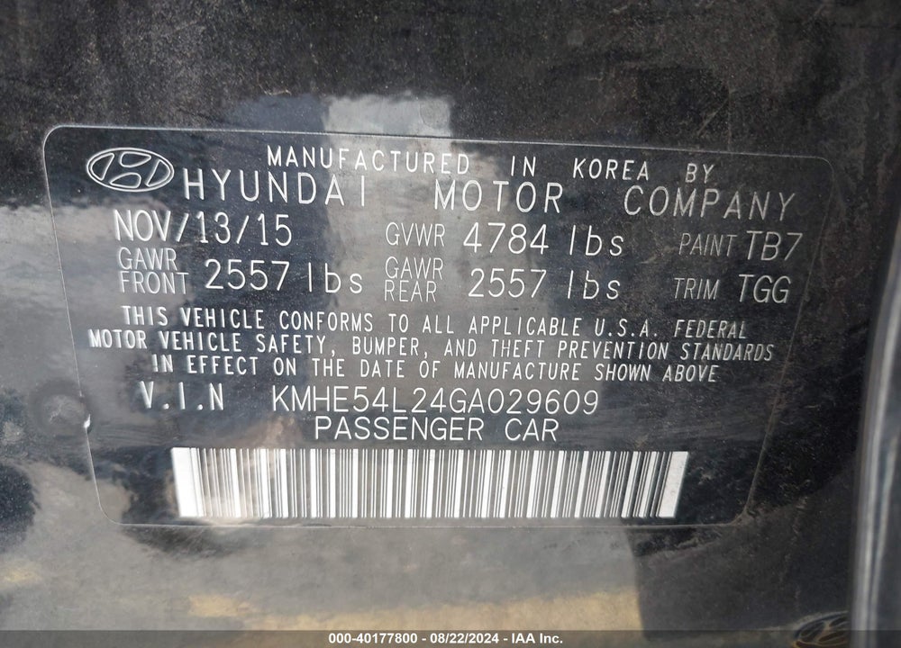 2016 HYUNDAI SONATA PLUG-IN HYBRID LIMITED VIN: KMHE54L24GA029609