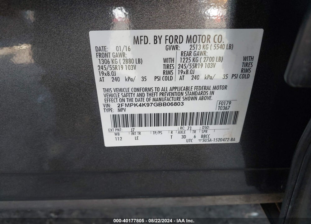 2016 FORD EDGE TITANIUM VIN: 2FMPK4K97GBB06803