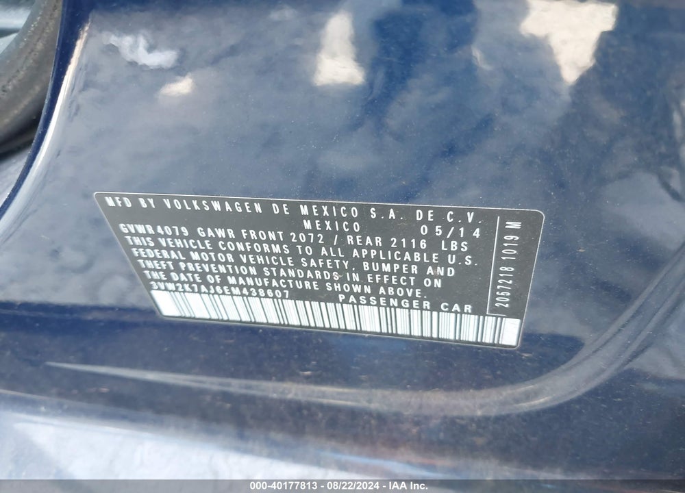 2014 VOLKSWAGEN JETTA 2.0L S VIN: 3VW2K7AJ6EM438607