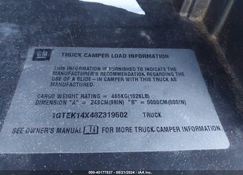 2008 GMC SIERRA 1500 WORK TRUCK VIN: 1GTEK14X48Z319602