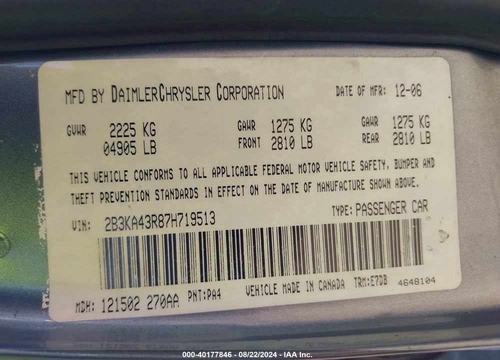 2007 DODGE CHARGER VIN: 2B3KA43R87H719513