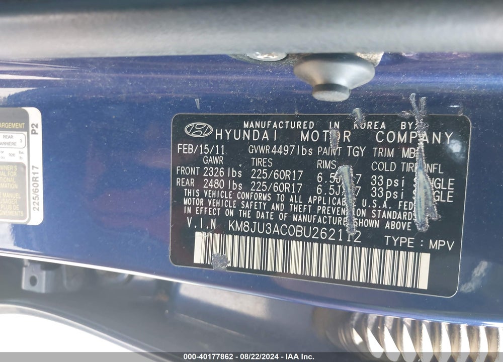 2011 HYUNDAI TUCSON VIN: KM8JU3AC0BU262112