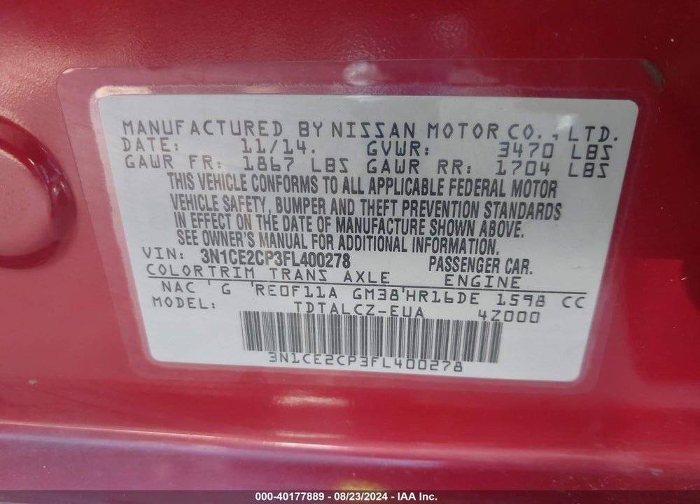 2015 NISSAN VERSA NOTE VIN: 3N1CE2CP3FL400278