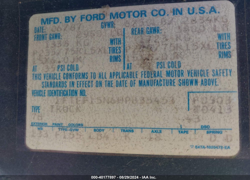 1987 FORD F150 VIN: 1FTEF15N6HPB35453