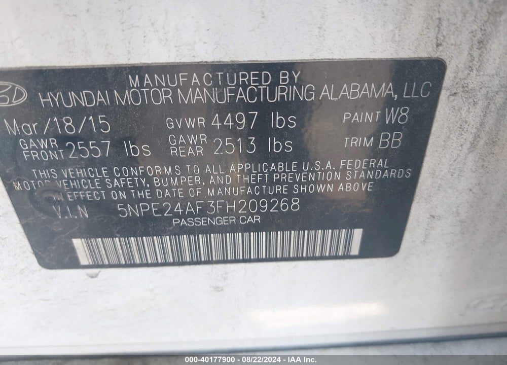 2015 HYUNDAI SONATA SE VIN: 5NPE24AF3FH209268