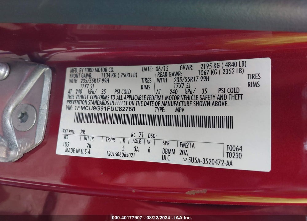 2015 FORD ESCAPE SE VIN: 1FMCU9G91FUC82768