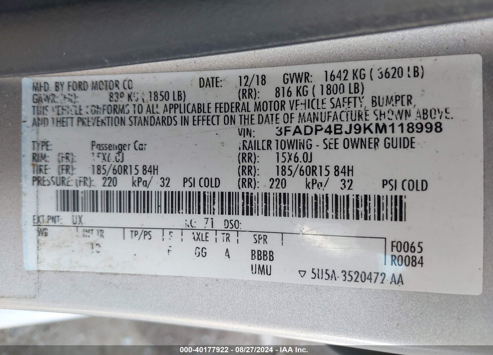 2019 FORD FIESTA VIN: 3FADP4BJ9KM118998