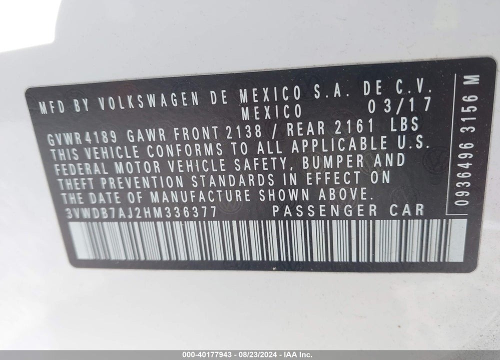 2017 VOLKSWAGEN JETTA 1.4T SE VIN: 3VWDB7AJ2HM336377