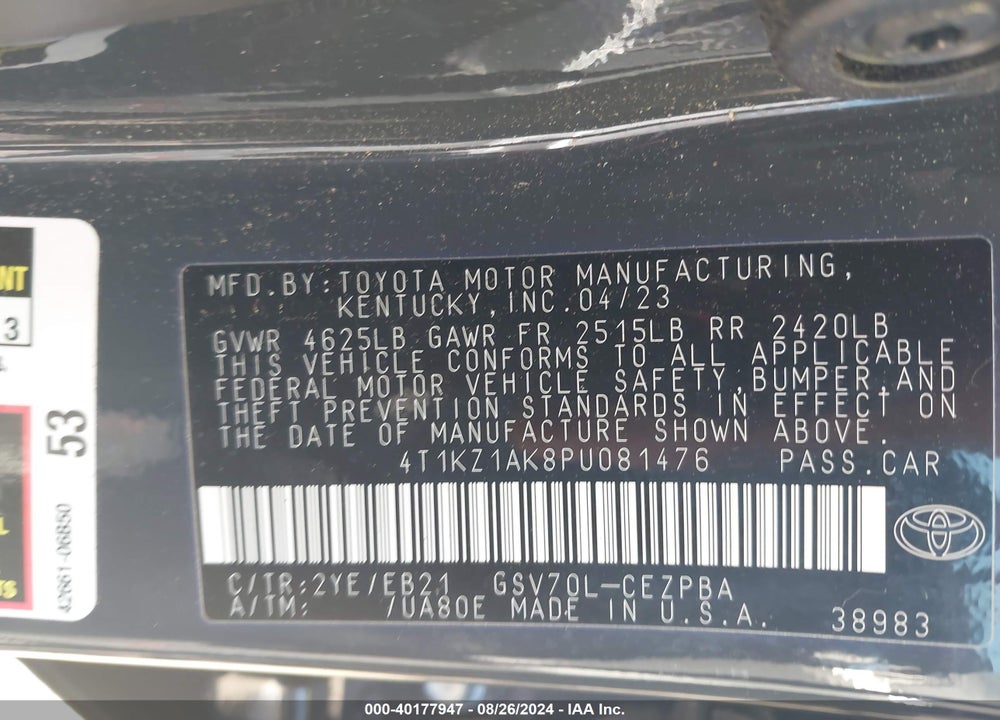 2023 TOYOTA CAMRY TRD VIN: 4T1KZ1AK8PU081476