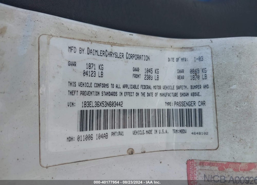 2003 DODGE STRATUS SE VIN: 1B3EL36X53N603442