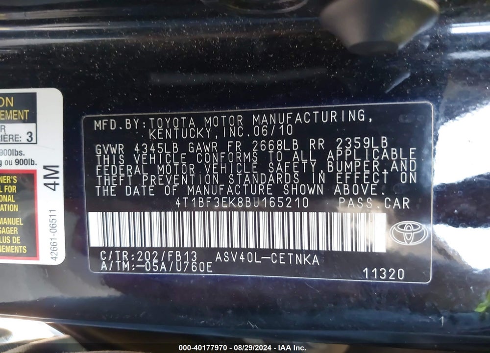2011 TOYOTA CAMRY LE VIN: 4T1BF3EK8BU165210