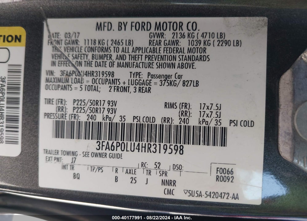 2017 FORD FUSION HYBRID SE VIN: 3FA6P0LU4HR319598