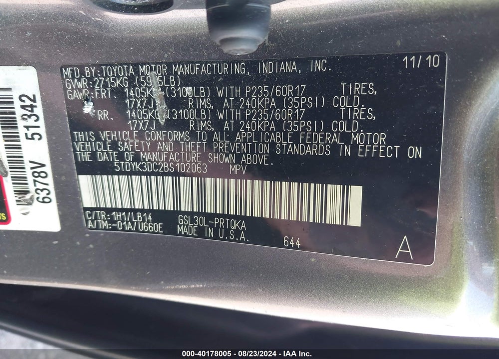 2011 TOYOTA SIENNA XLE V6 VIN: 5TDYK3DC2BS102063