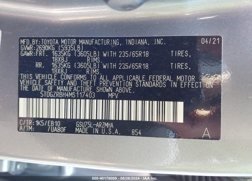 2021 TOYOTA HIGHLANDER XLE VIN: 5TDGZRBH4MS117403