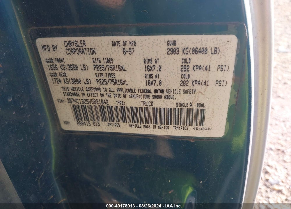 1997 DODGE RAM 1500 ST VIN: 3B7HC13Z5VG821642