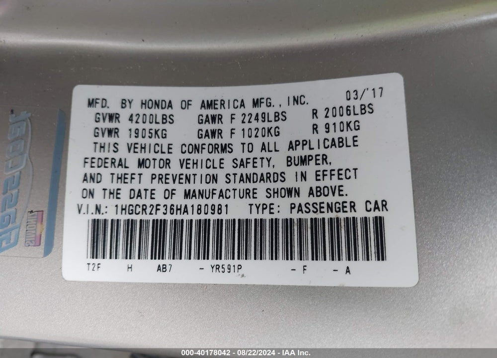 2017 HONDA ACCORD LX VIN: 1HGCR2F36HA180981