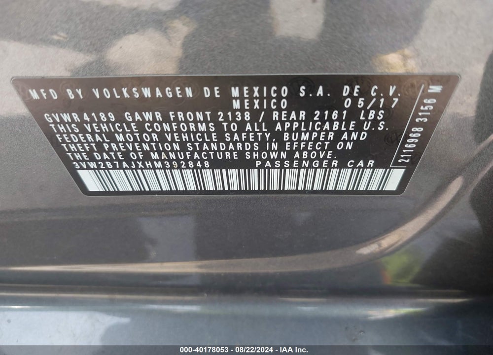 2017 VOLKSWAGEN JETTA 1.4T S VIN: 3VW2B7AJXHM392848