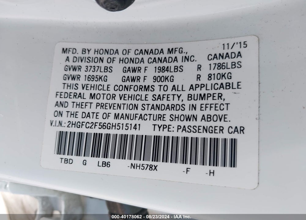 2016 HONDA CIVIC LX VIN: 2HGFC2F56GH515141