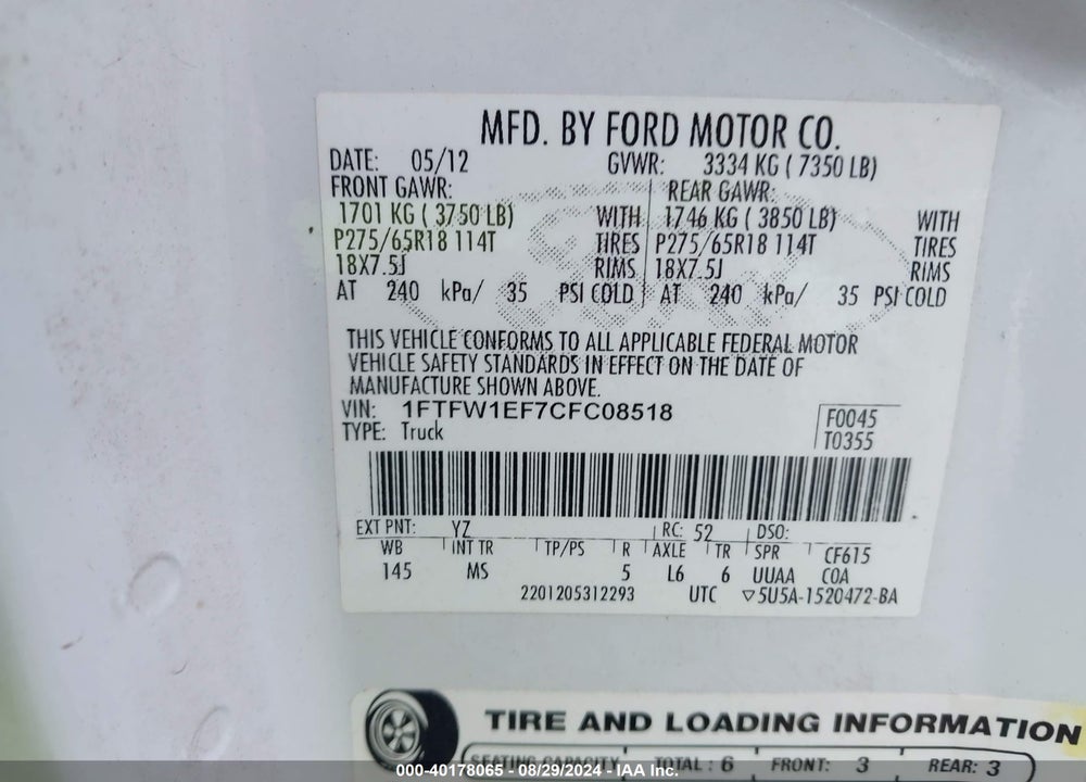 2012 FORD F-150 XLT VIN: 1FTFW1EF7CFC08518