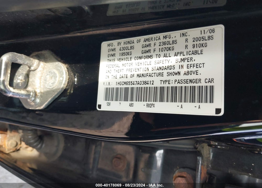 2007 HONDA ACCORD 3.0 EX VIN: 1HGCM65547A038412
