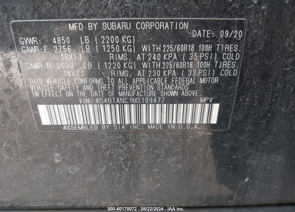 2021 SUBARU OUTBACK LIMITED VIN: 4S4BTANC1M3109477