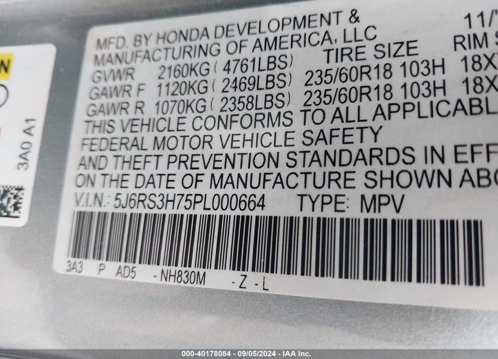 2023 HONDA CR-V EX-L 2WD VIN: 5J6RS3H75PL000664