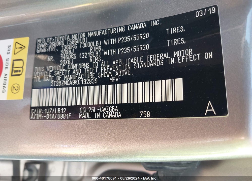 2019 LEXUS RX 350 VIN: 2T2BZMCA9KC192839