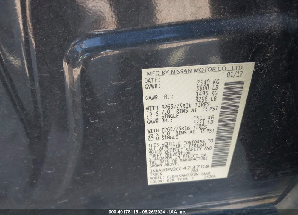 2012 NISSAN FRONTIER PRO-4X VIN: 1N6AD0EV2CC423708