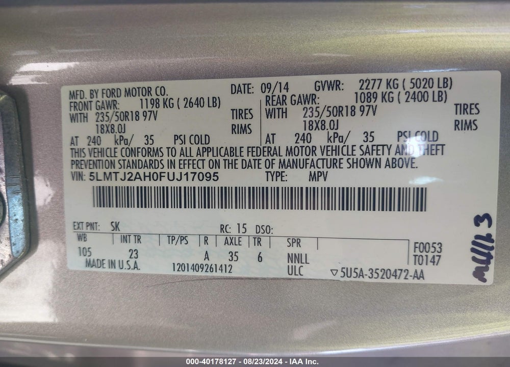 2015 LINCOLN MKC VIN: 5LMTJ2AH0FUJ17095