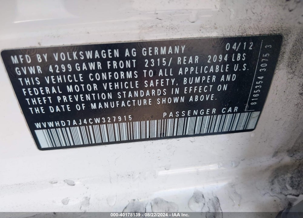 2012 VOLKSWAGEN GTI 4-DOOR AUTOBAHN VIN: WVWHD7AJ4CW327915