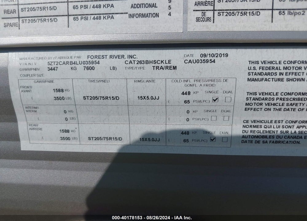2020 COACHMEN CATALINA VIN: 5ZT2CARB4LU035954
