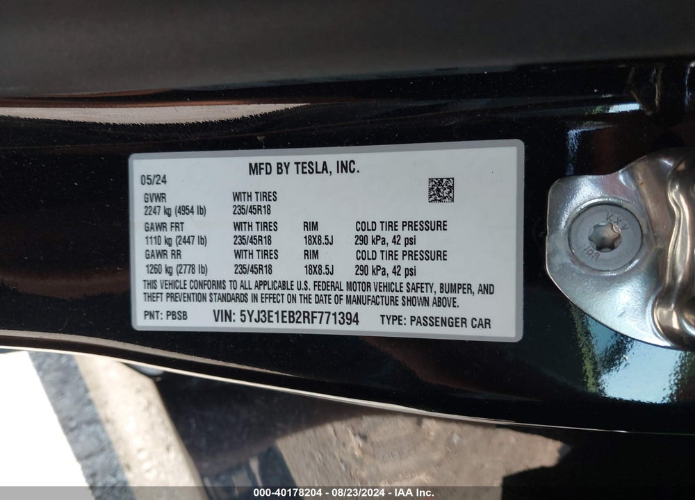2024 TESLA MODEL 3 LONG RANGE DUAL MOTOR ALL-WHEEL DRIVE VIN: 5YJ3E1EB2RF771394