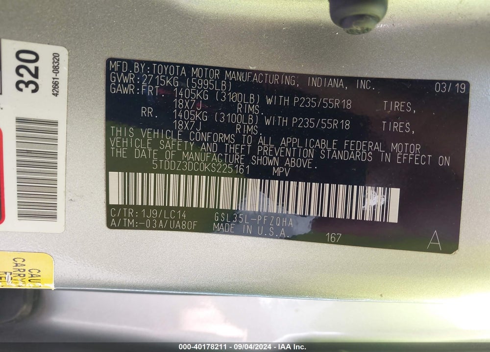 2019 TOYOTA SIENNA XLE VIN: 5TDDZ3DC0KS225161