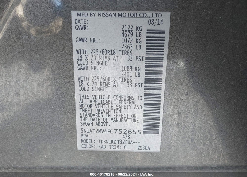 2015 NISSAN ROGUE VIN: 5N1AT2MV4FC752655