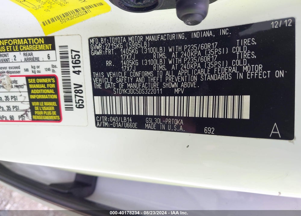 2013 TOYOTA SIENNA LIMITED V6 7 PASSENGER/XLE V6 7 PASSENGER AUTO ACCESS SEAT/XLE V6 8 PASSENGER VIN: 5TDYK3DC5DS322011